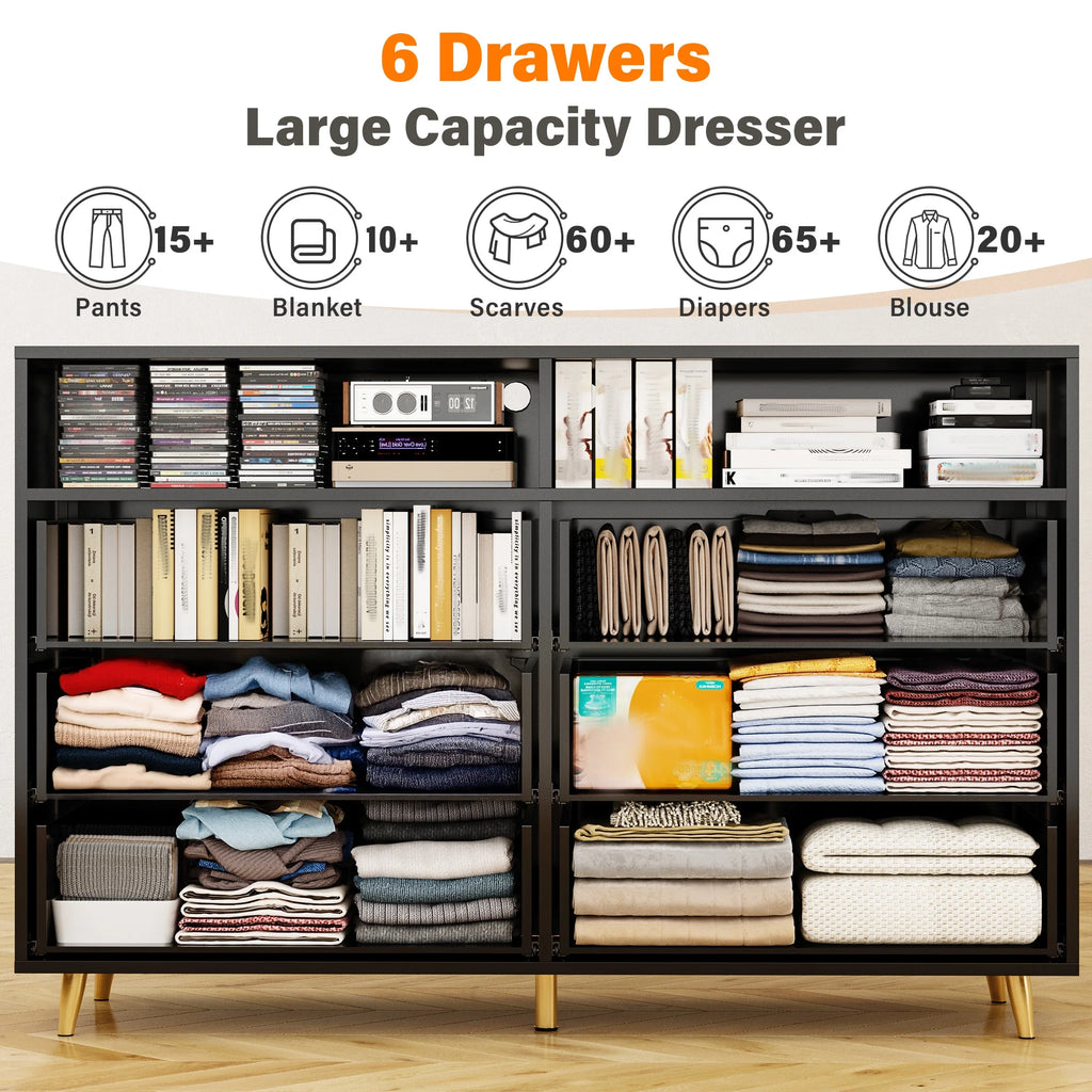 EnHomee Dresser with LED Lights Drawer Dresser with 6 Deep Drawers Wood Dresser for Bedroom TV Stand Dressers & Chests of Drawers Wide Led Dressers,Black