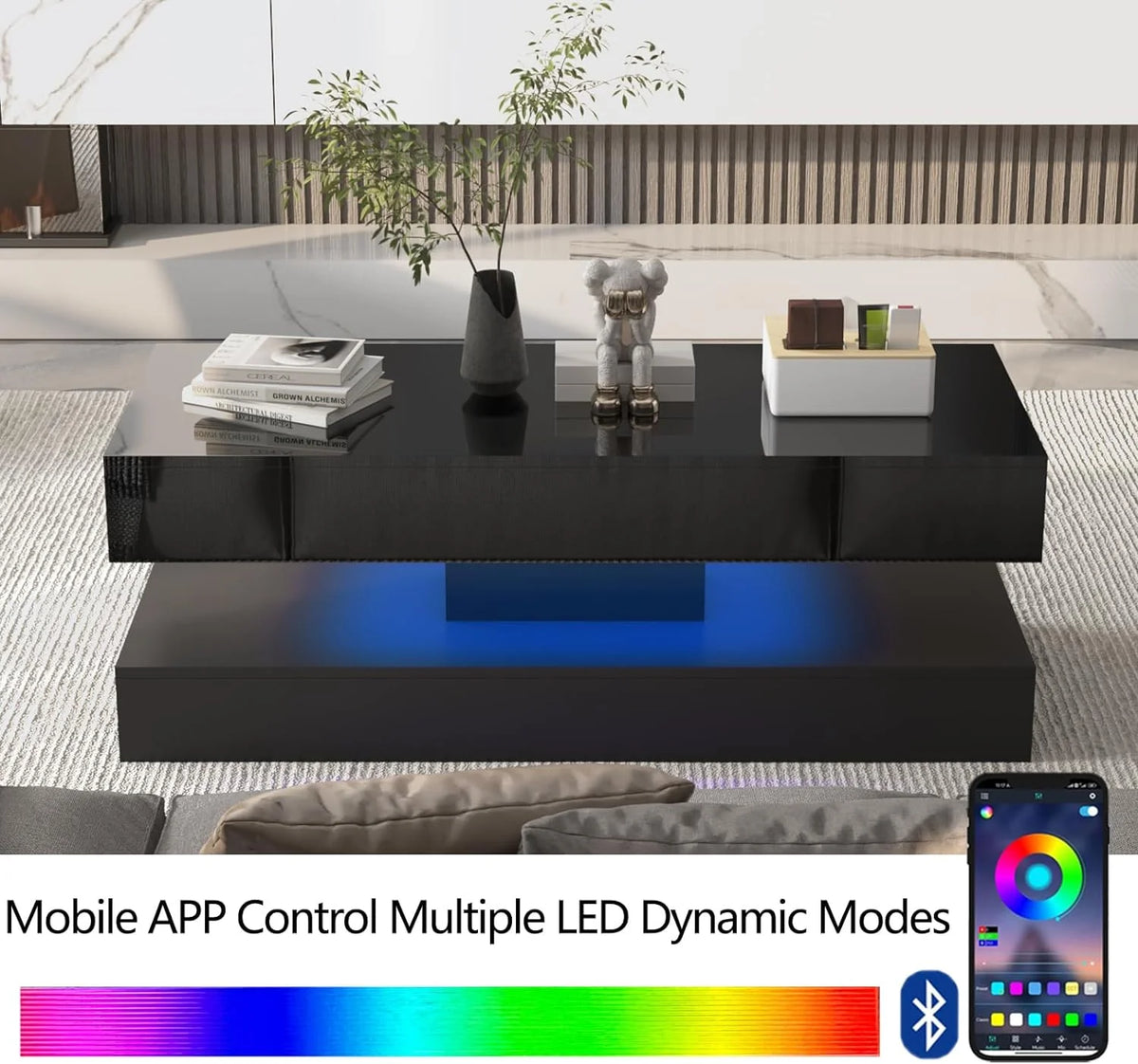 ChVans Large Black LED Coffee Table with 2 Storage Drawers, Modern High Gloss Coffee Table w/20 Colors LED Lights/APP Control, 2 Tiers Rectangle Large Living Room Furniture w/Marbling Print(47.3")