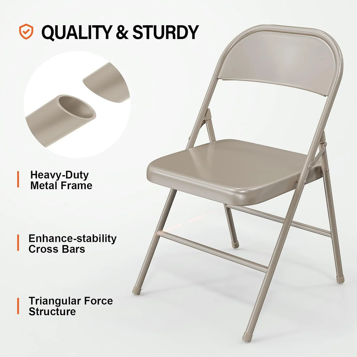 VINGLI Folding Chairs All Steel Metal Frame, Capacity 350 lbs, Durable Portable and Versatile for Indoor Outdoor Use, Black, Set of 8