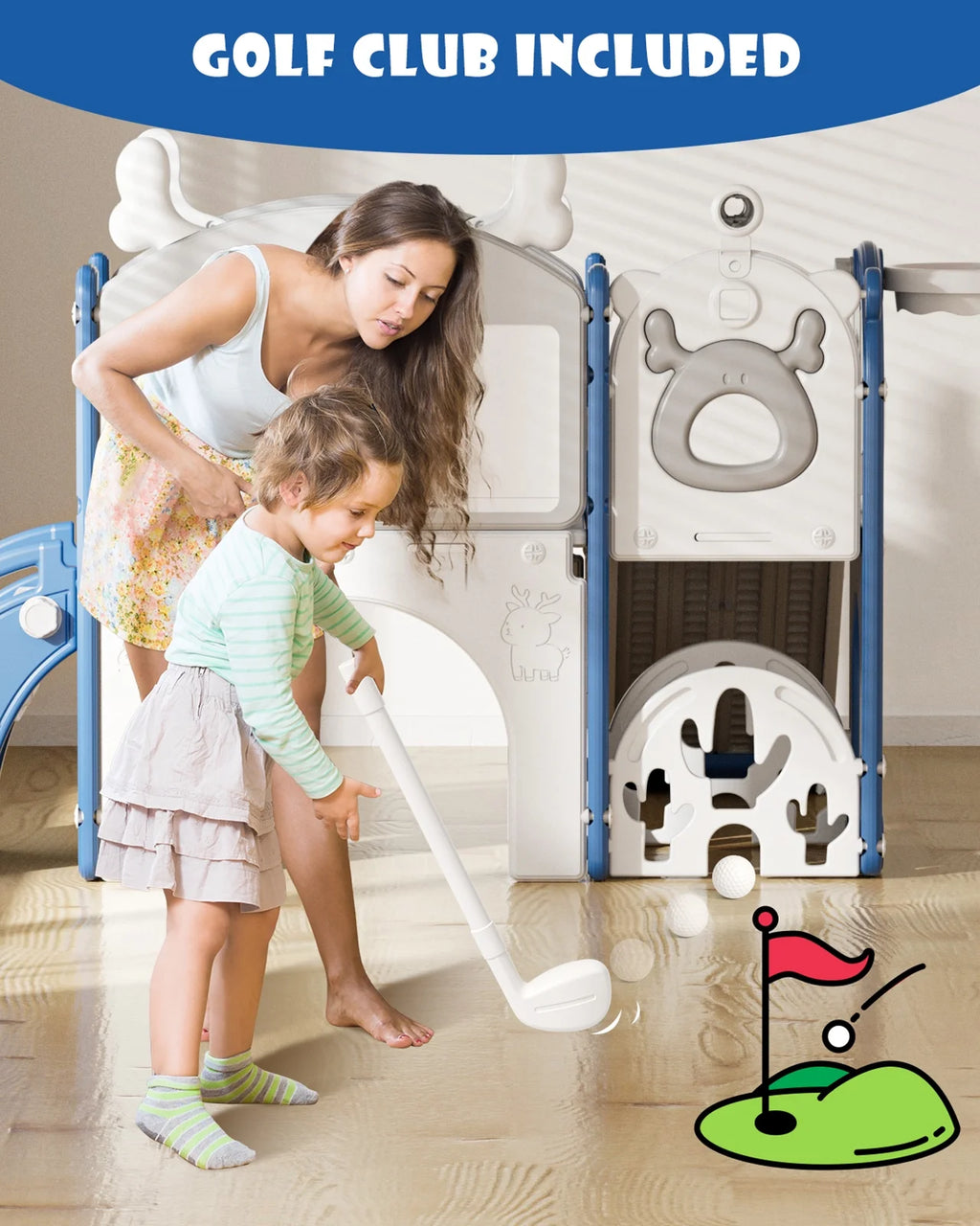 Korimefa 11-in-1 Toddler Slide Set with Golf, Basketball Hoop, Kids Slide for Toddlers Age 1-4, Climber Slip and Slides, Baby Outdoor Toys