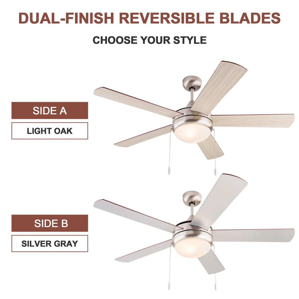 Simpol 52" Prominent Indoor Ceiling Fan with LED Light, Pull Chain and Remote Control, Reversible AC Motor, Walnut/Silver Reversible Blades and Satin Nickel Finish