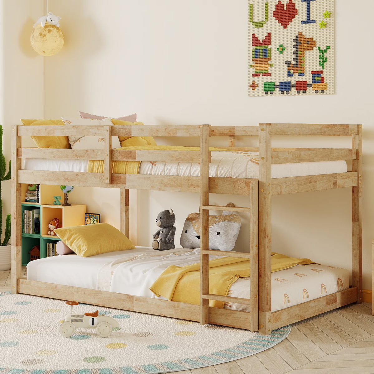 SESSLIFE Bunk Bed Twin Over Twin, Low Floor Bunk Bed with Guard Rails for Dorm, Small Space, No Box Spring Needed(White)