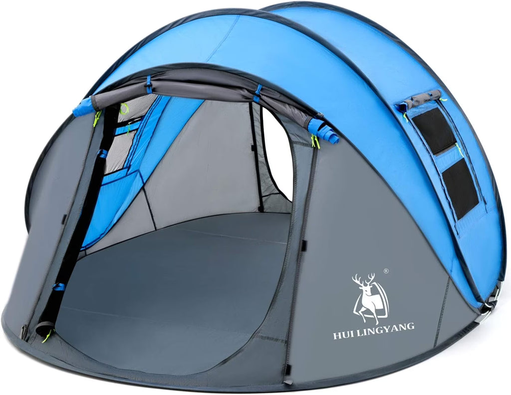 4 Person Easy Pop Up Tent,9.5'X6.6'X52'',Waterproof, Automatic Setup,2 Doors-Instant Family Tents for Camping, Hiking & Traveling, Blue