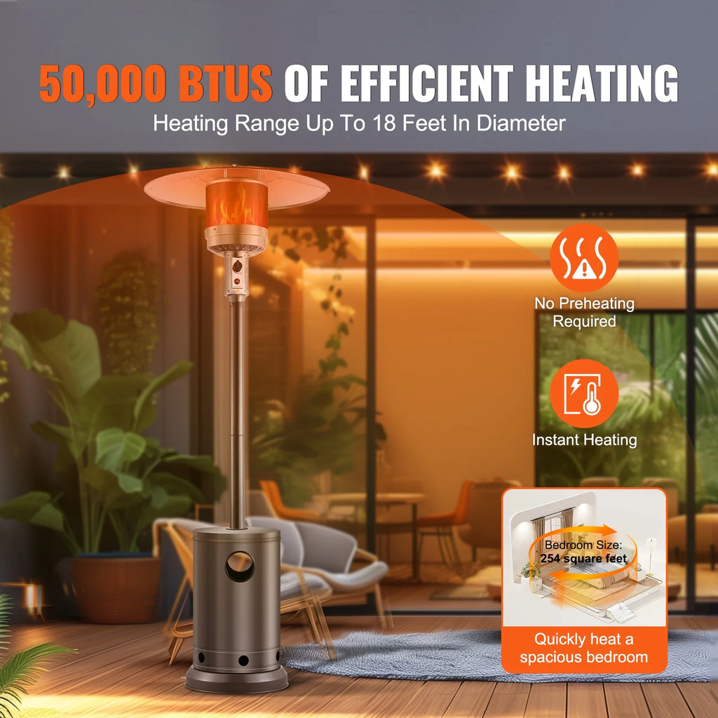 KFFKFF Outdoor Patio Heater, 50000BTU Propane Powered, Elegant Hammered Finish with Circular Table Feature, Durable Metal Burner & Portable Wheels, Ideal for Garden, Patio, Party, Backyard