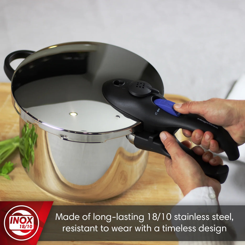 MAGEFESA Favorit Six Stainless Steel  Pressure Cooker Set, 3.2 Qt & 6.3 Qt, Induction Compatible Special Edition (Steam Basket, Lid & Recipe Book)