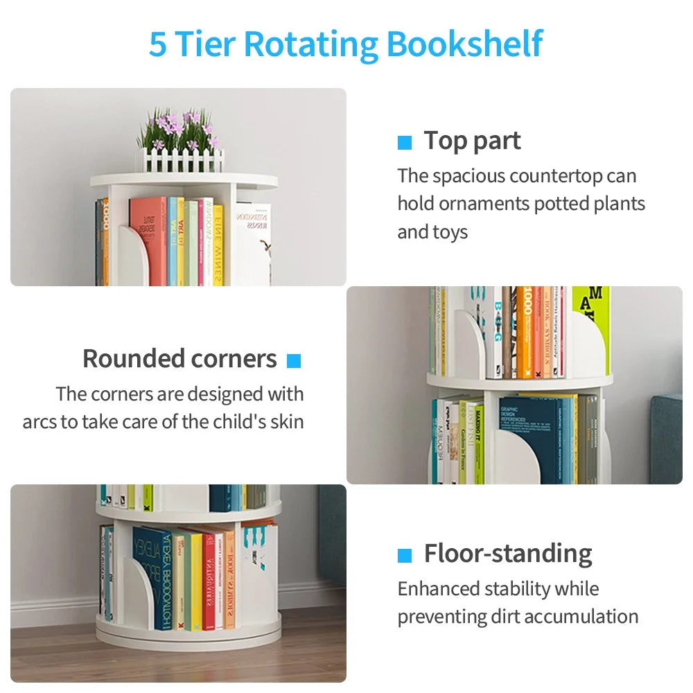 Bimiti 5 Tier Rotating Bookshelf, 360 Revolving Bookcase 20 Shelves Floor-Standing Storage Display Rack - White 63"x18"x18", Adult