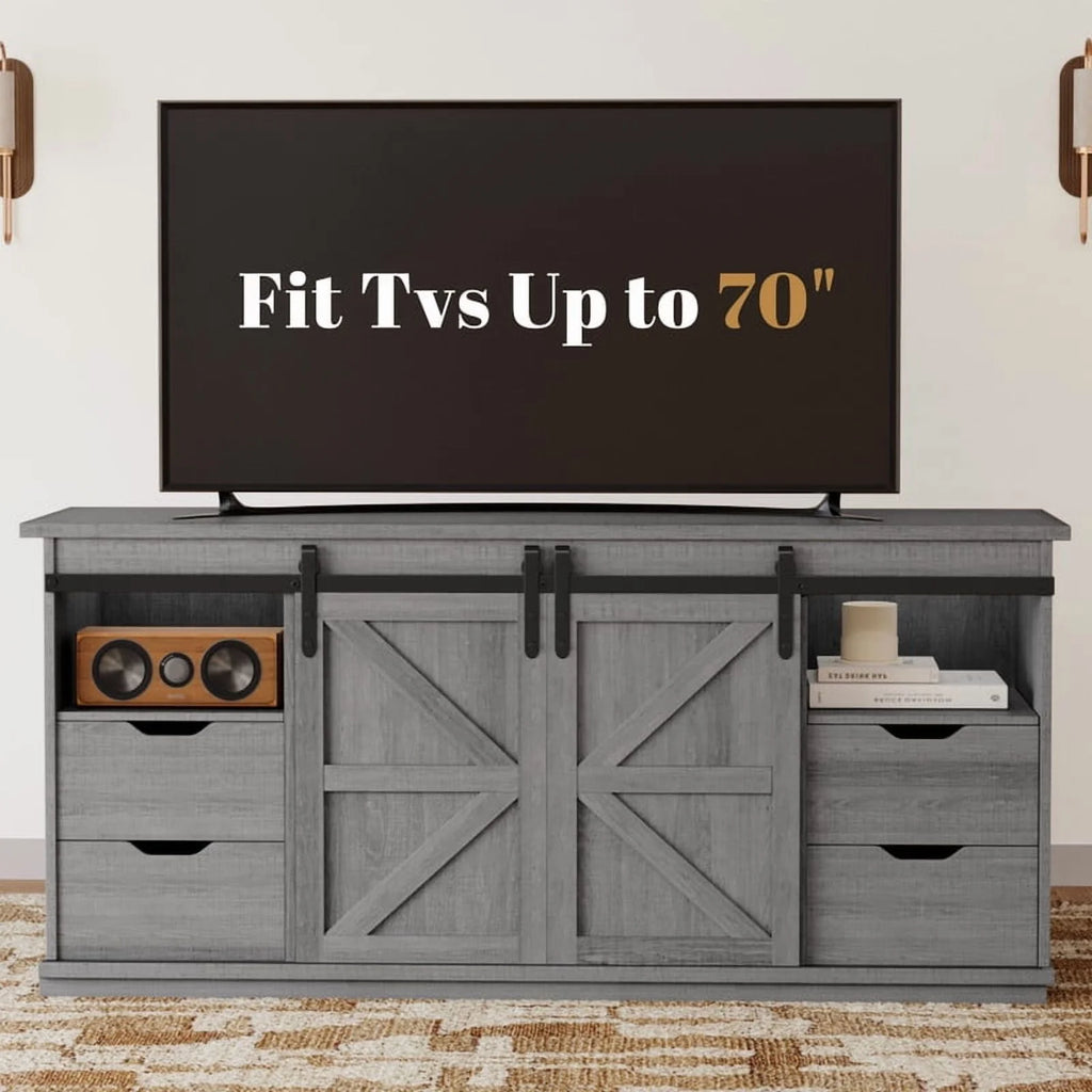 Vineego 70 inch Farmhouse TV Stand for Living Room, Entertainment Center with Sliding Barn Doors & 4 Storage Drawers, Adjustable Shelves Rustic Media Console for Bedroom,White