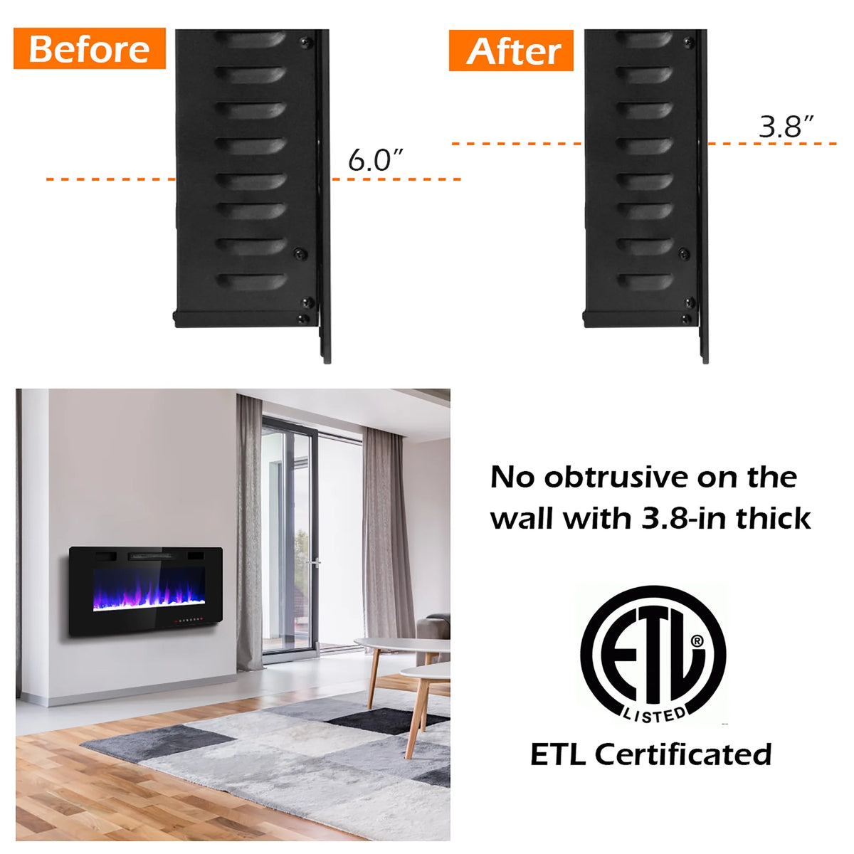 Costway 36'' Electric Fireplace Recessed Ultra Thin Wall-Mounted Heater w/Multicolor Flame
