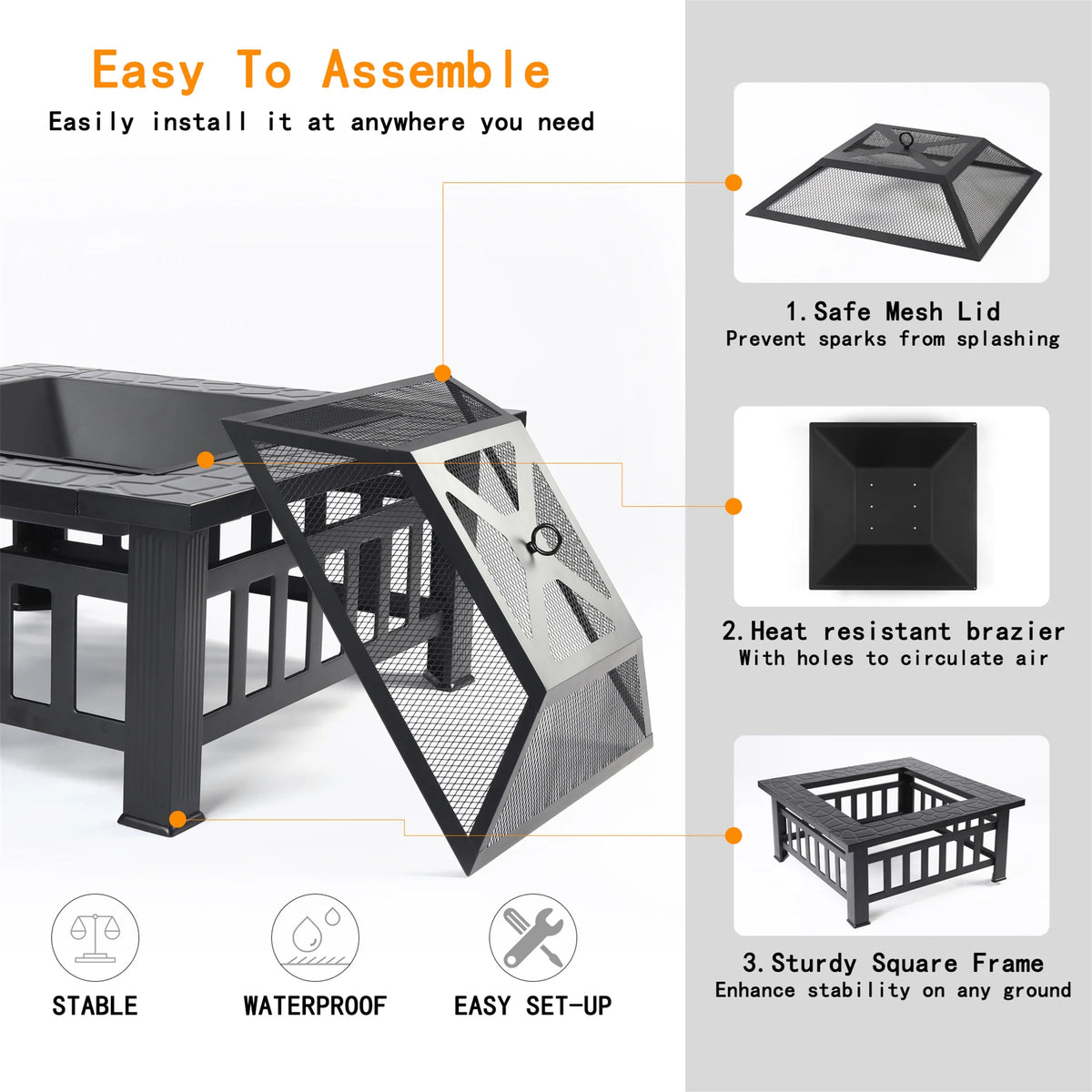 Fire Pits for Outside, UHOMEPRO 32" Square Iron Fire Pit Backyard Patio Garden Stove Wood Burning Fire Pit w/ BBQ Net, Waterprrof Cover, Mesh Screen Lid, Wood Grate, Poker, Durable Fire Pit