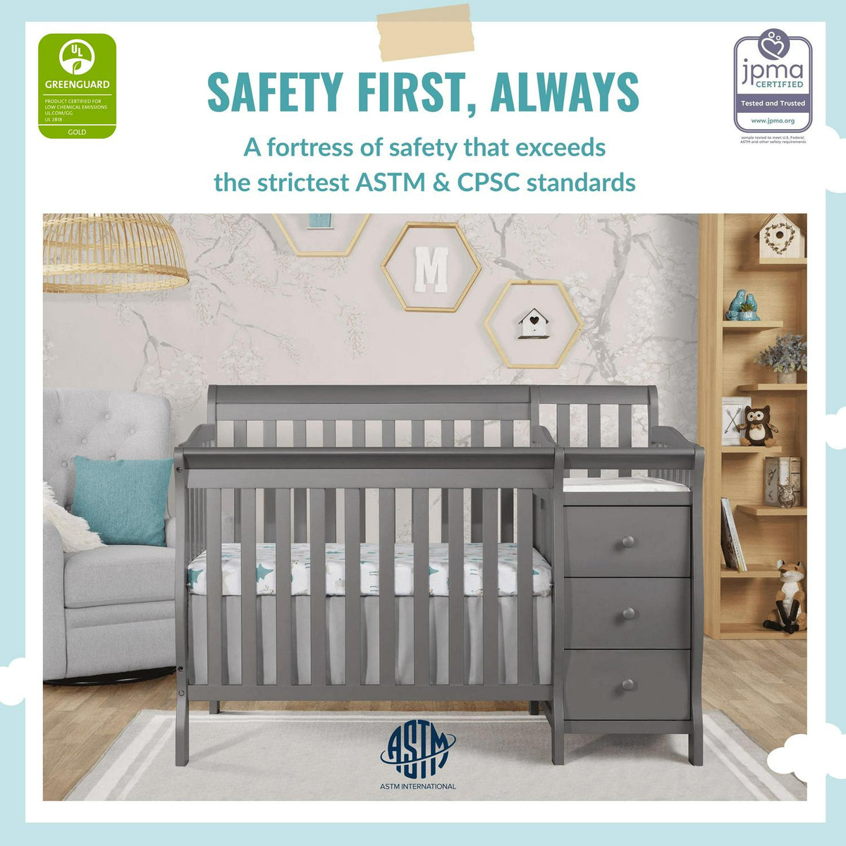 Dream On Me Jayden 4-in-1 Convertible Mini Crib and Changer. Storm Grey