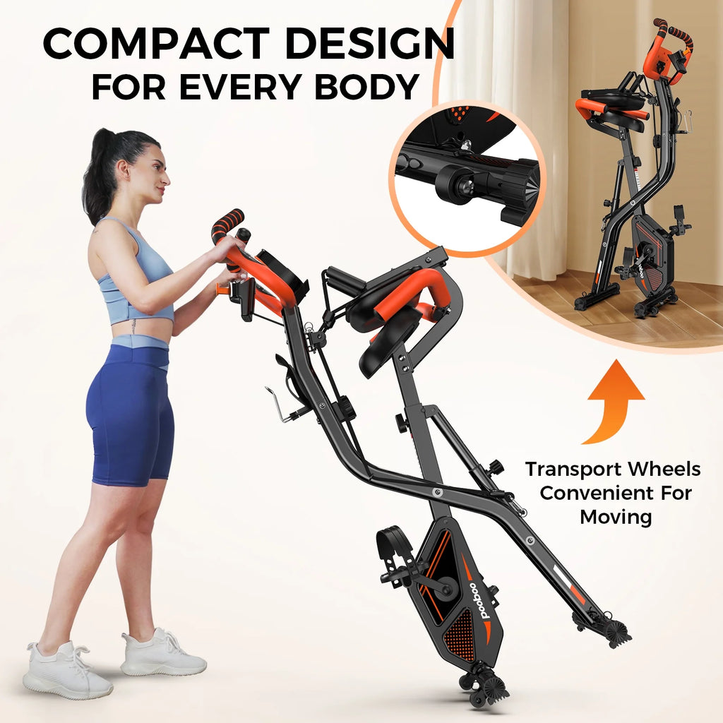 pooboo 4-in-1 Exercise Bike, Foldable Stationary Bike, Tri-Position Indoor Cycling Bike with 8-Level Resistance, Arm Resistance Bands, Pulse Sensor & Back Support Cushion for Home Gym Workout