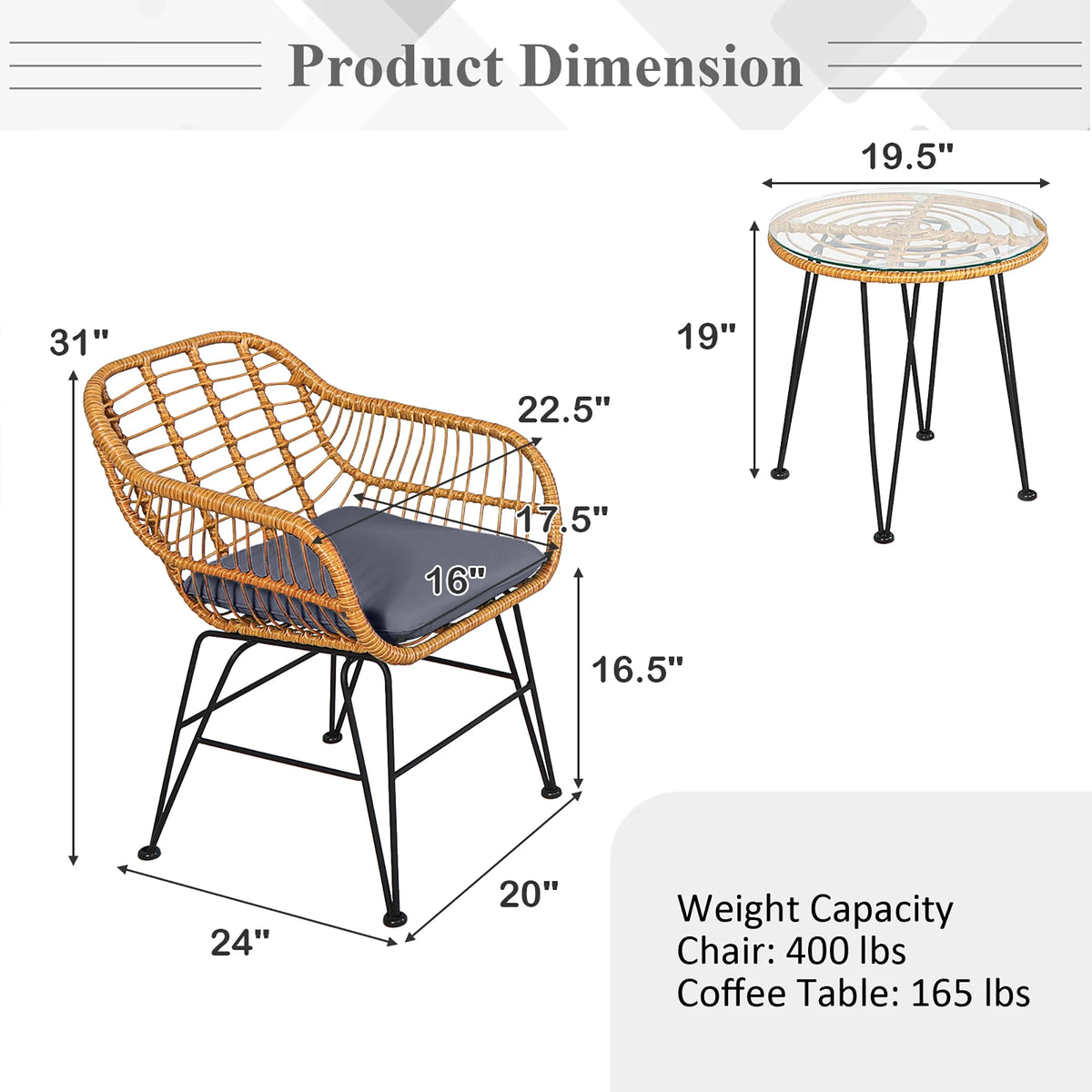 Costway 3PCS Patio Rattan Bistro Furniture Set Cushioned Chair Table Navy