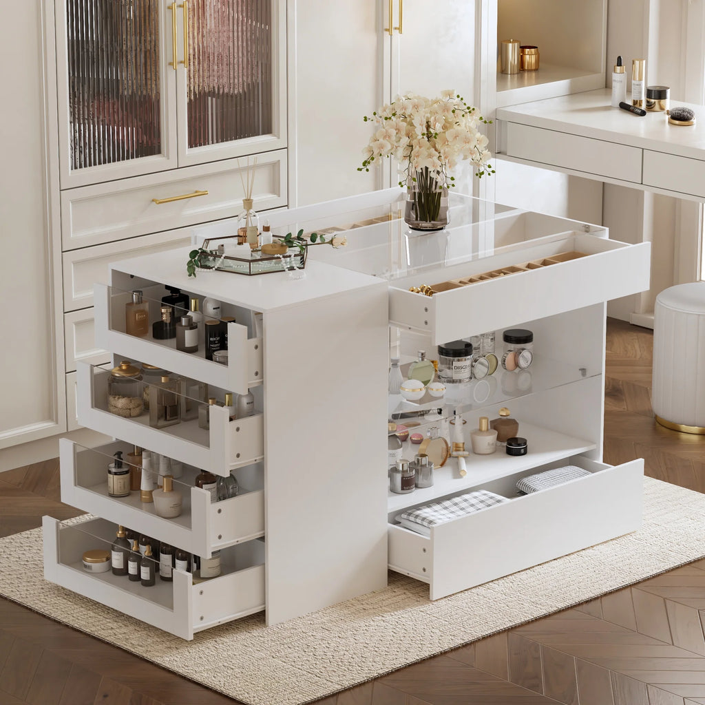 KULAGAGA Closet Island with Glass Top & 8 Drawers,Wardrobe Armoire  Island for Walk-in Closet, Store Dressing Room, 47.2 W x 23.6 D x 31.5 H