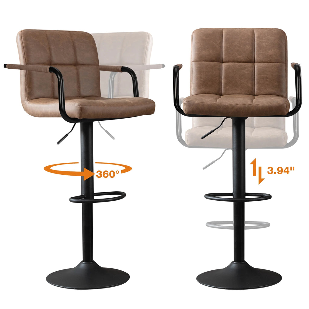 JONPONY Bar Stools Set of 2, Back and Armrest,Vintage Leather Modern Bar Chairs for Home and Kitchen Counter,Black,Low Back