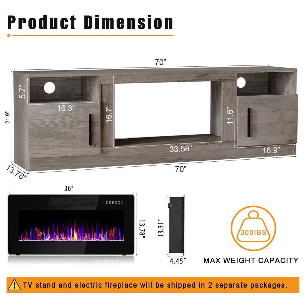 Waleaf Fireplace TV Stand with 18'' Fireplace for TVs up to 65 inch, Two Adjustable Glass Shelves