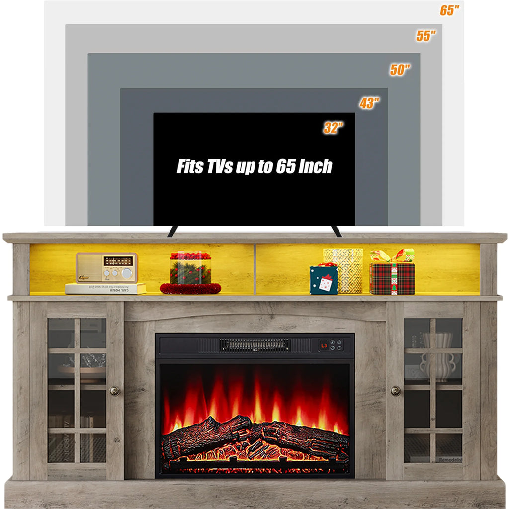 SESSLIFE Fireplace TV Stand for 65 Inch TV, TV Console with 23''Electric Fireplace, Console Entertainment Center Television Table for Living Room or Bedroom, Brown