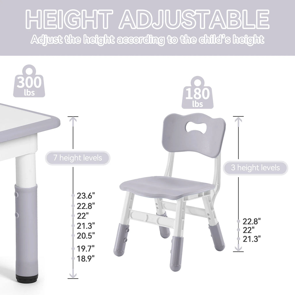 Toddler Table and Chairs Set for 4, 47.2''L x 23.6''W Kids Study Table and Chair Set, Height-Adjustable, Graffiti Desktop, Children Activity Table for Daycare, Classroom, Home