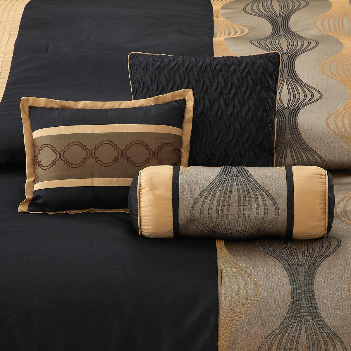 Lanco Black Silver Comforter Set , California King Size , 7 Pieces Fashion Jacquard Bedding Set