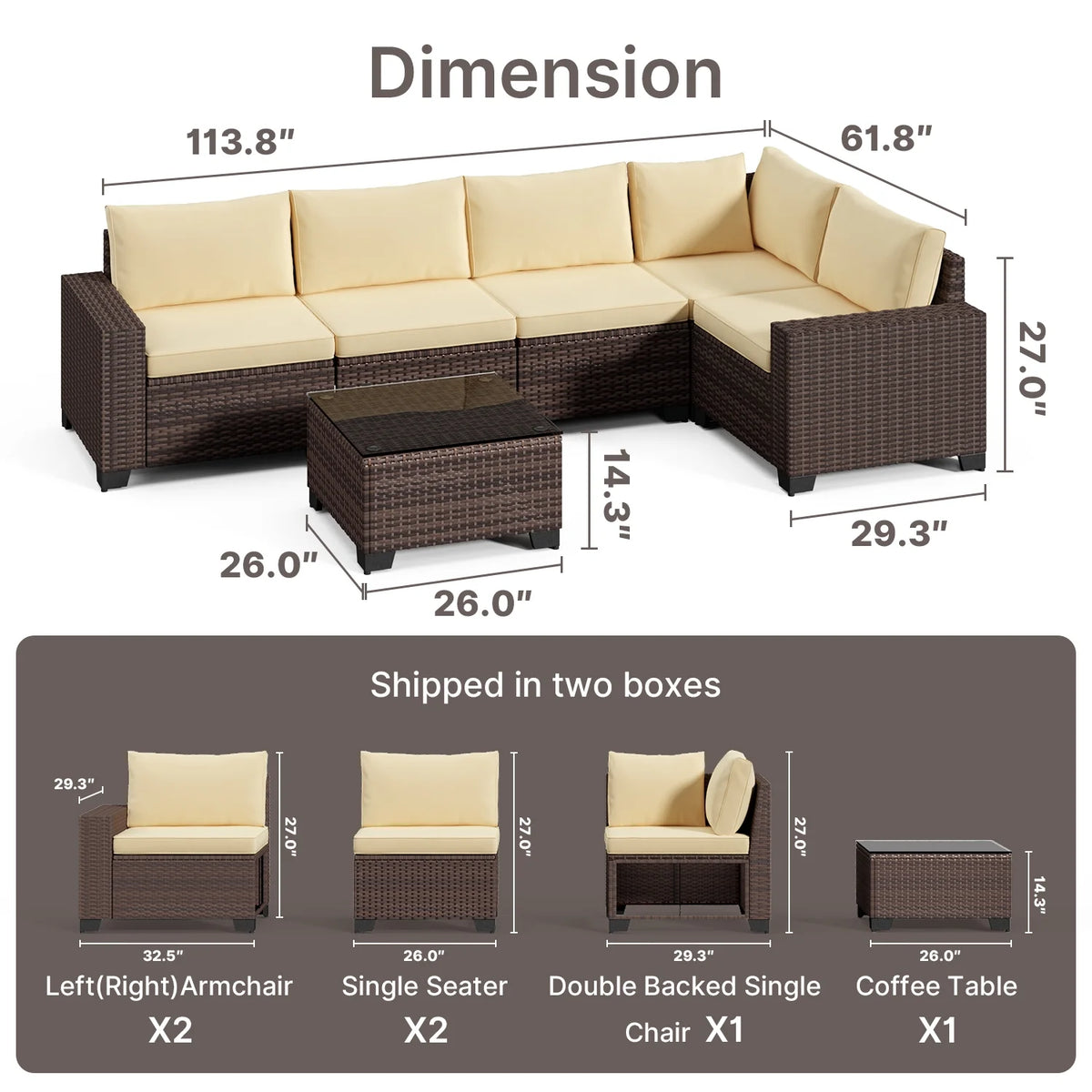 7 Piece Outdoor Patio Furniture Set, Asofer Rattan Wicker Outdoor Conversation Sectional Sofa Set, Gray