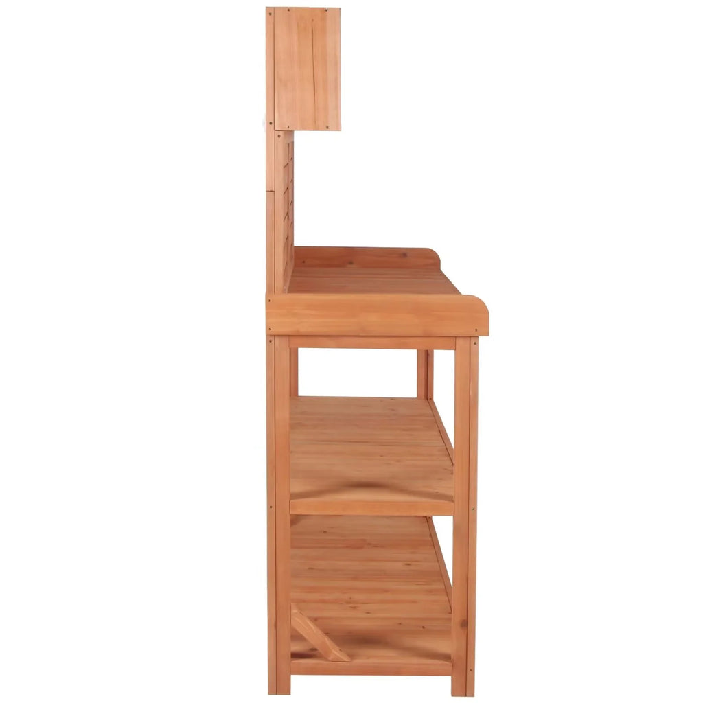 65" Outdoor Potting Bench Table, Farmhouse Wooden Garden Patio Workstation with 4 Storage Shelves and 3 Side Hooks, Multifunctional Potting Planting Table for Mudroom, Backyard, Natural