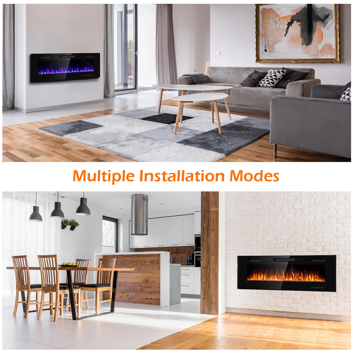 Costway 36'' Electric Fireplace Recessed Ultra Thin Wall-Mounted Heater w/Multicolor Flame