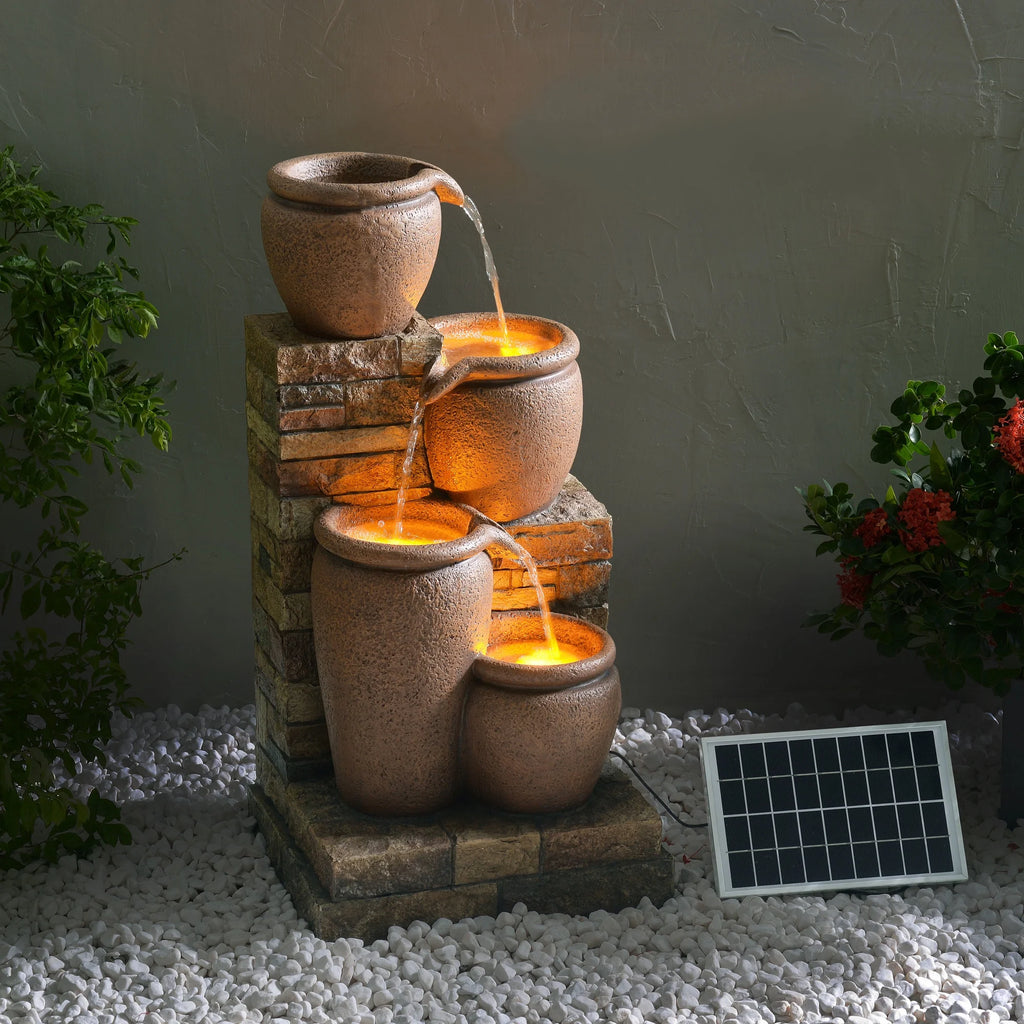 Teamson Home 30.71" 4-Tier Cascading Bowl Solar Powered Water Fountain for Outdoor Living Spaces, Terracotta