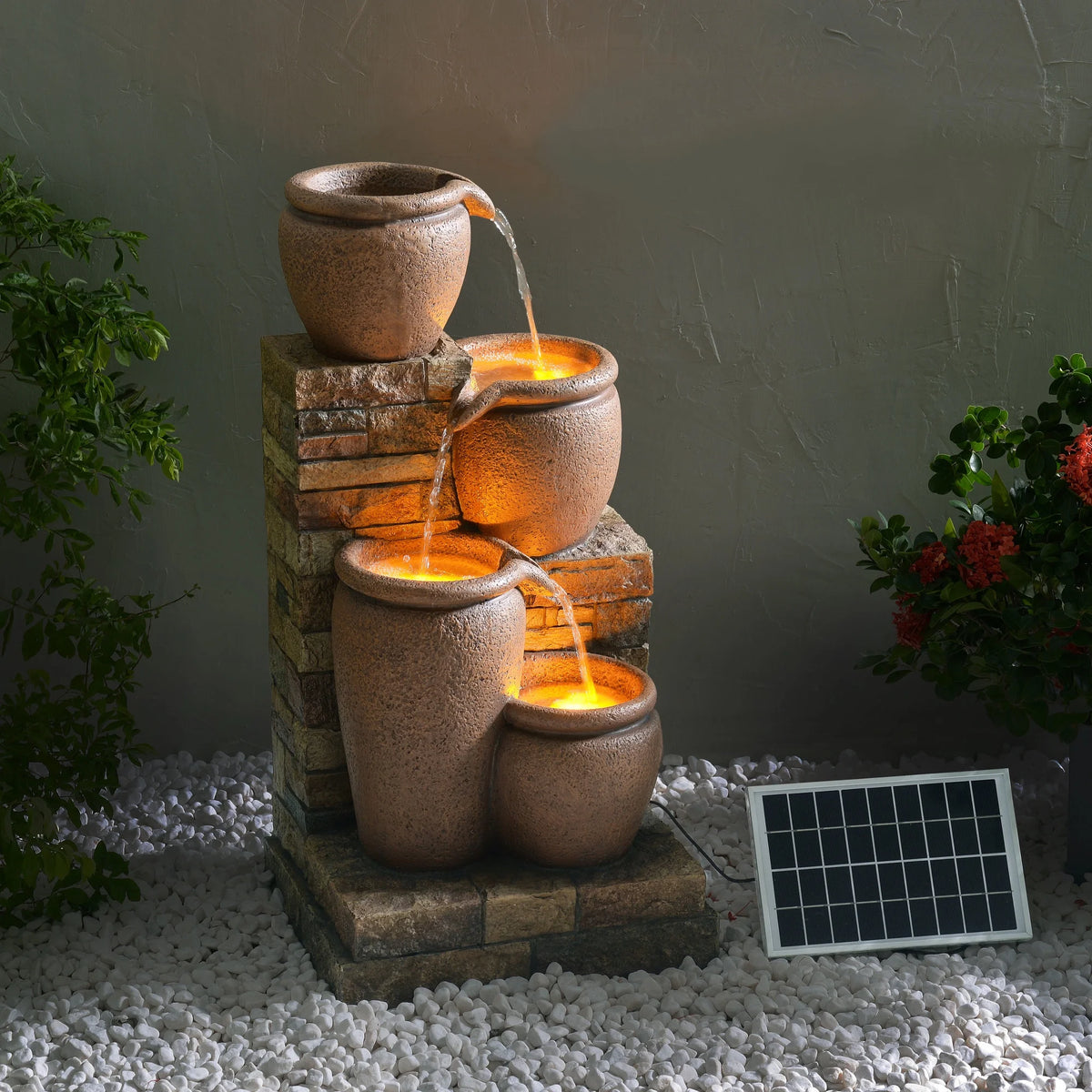 Teamson Home 30.71" 4-Tier Cascading Bowl Solar Powered Water Fountain for Outdoor Living Spaces, Terracotta