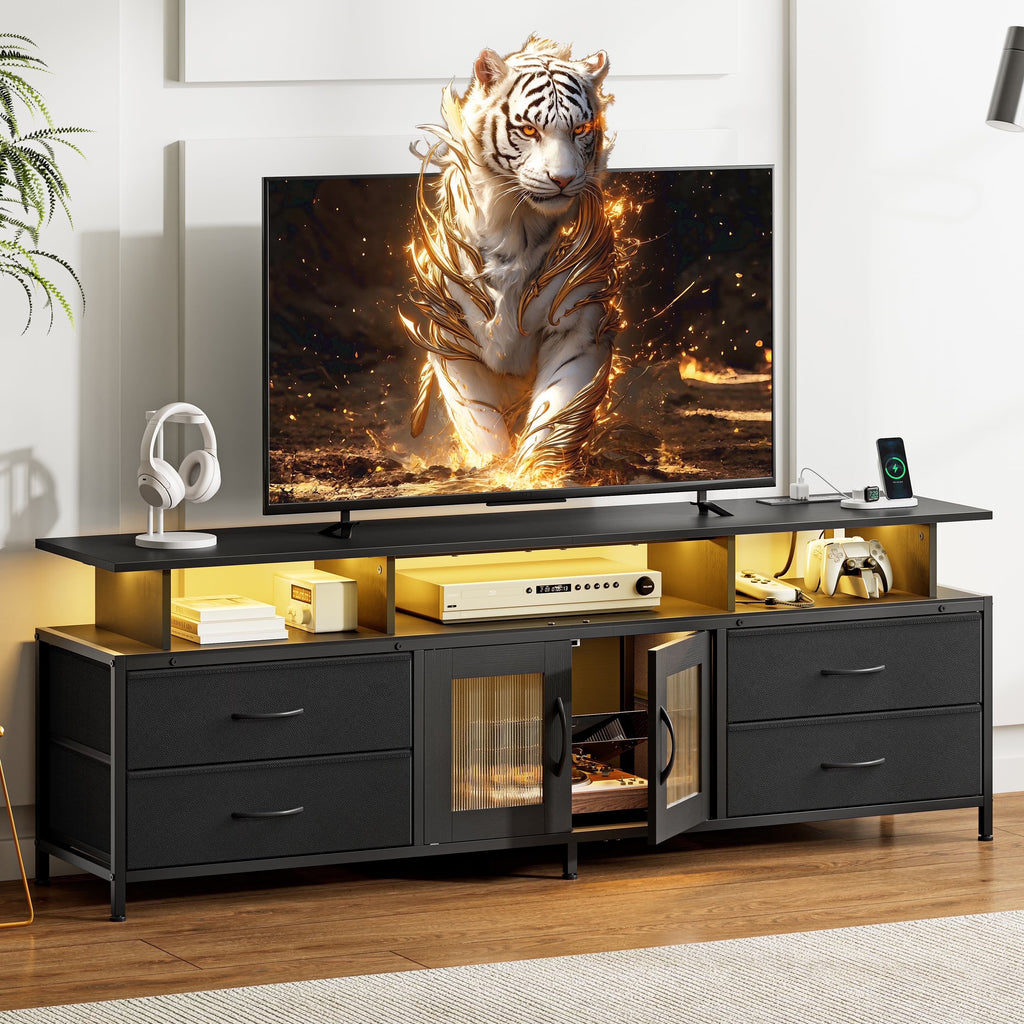 GUNAITO TV Stand for TV up to 70", Big TV Stand for Living Room Entertainment Center with LED Lights and 4 Fabric Drawers , Black