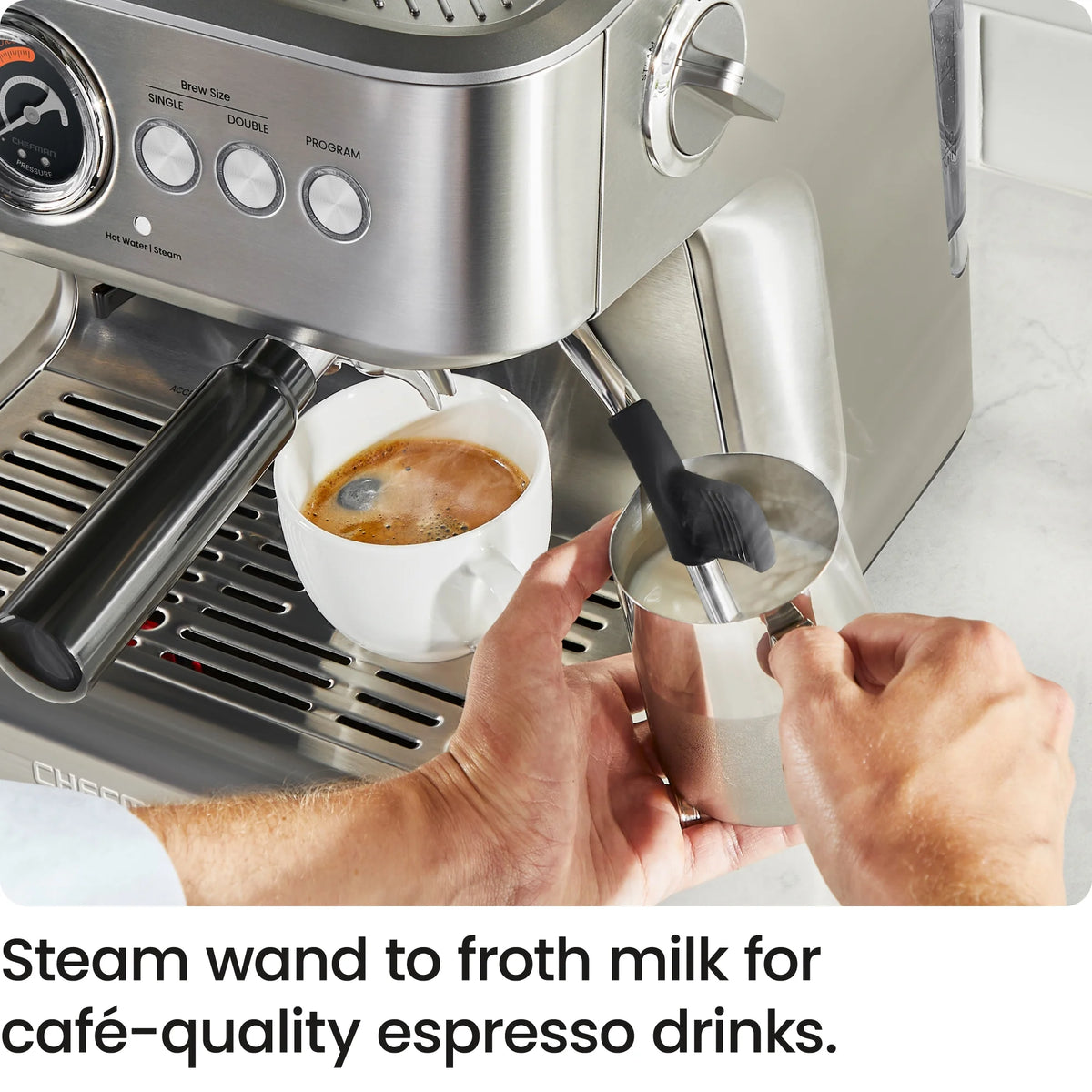 Chefman Crema Supreme Espresso Machine with Conical Burr Grinder and Steam Wand Stainless Steel, New