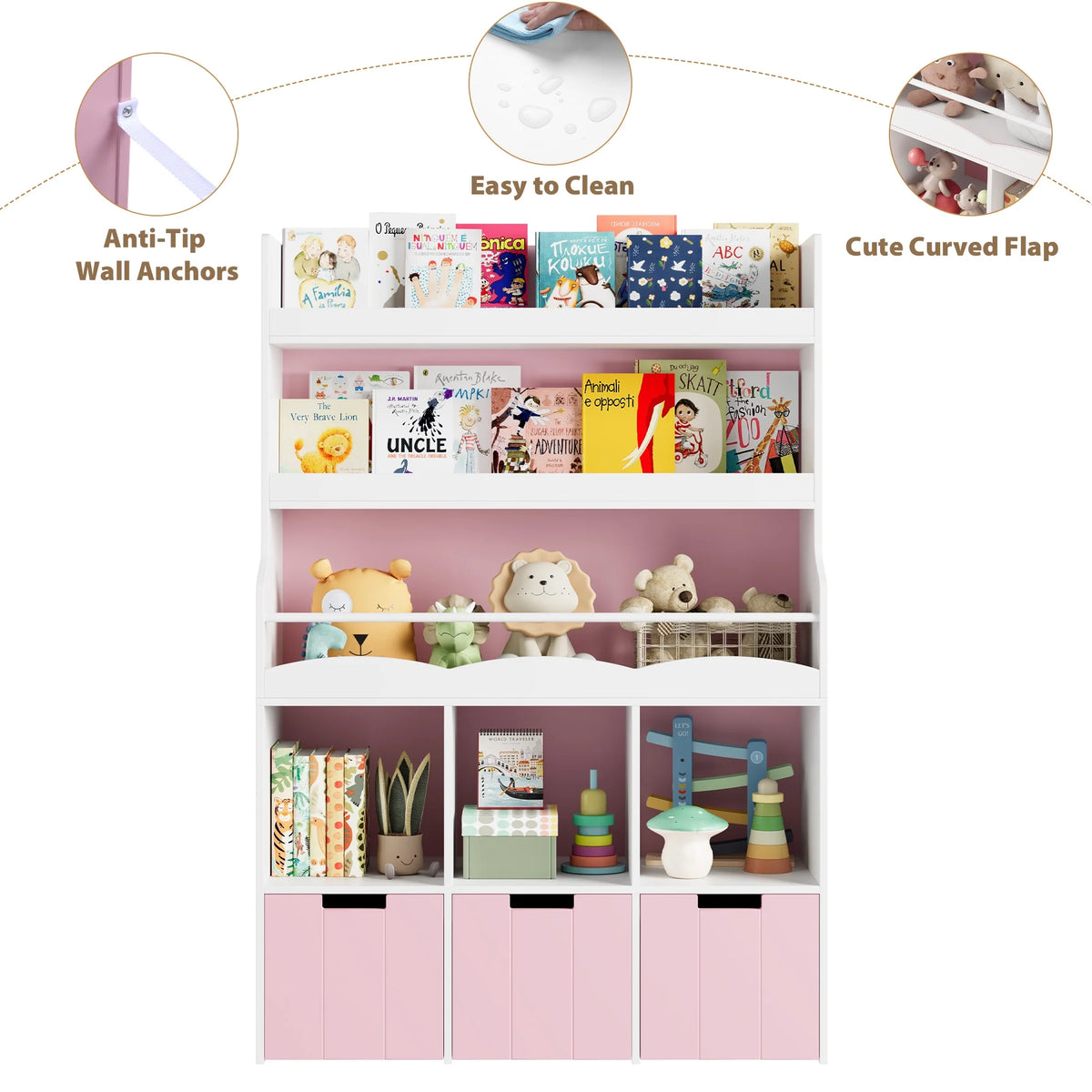 Homfa 55.5 H Kids Bookshelf with 2-Tier Book Shelves, Children Toy Organizer with 3 Cubes and Removable Drawers, White