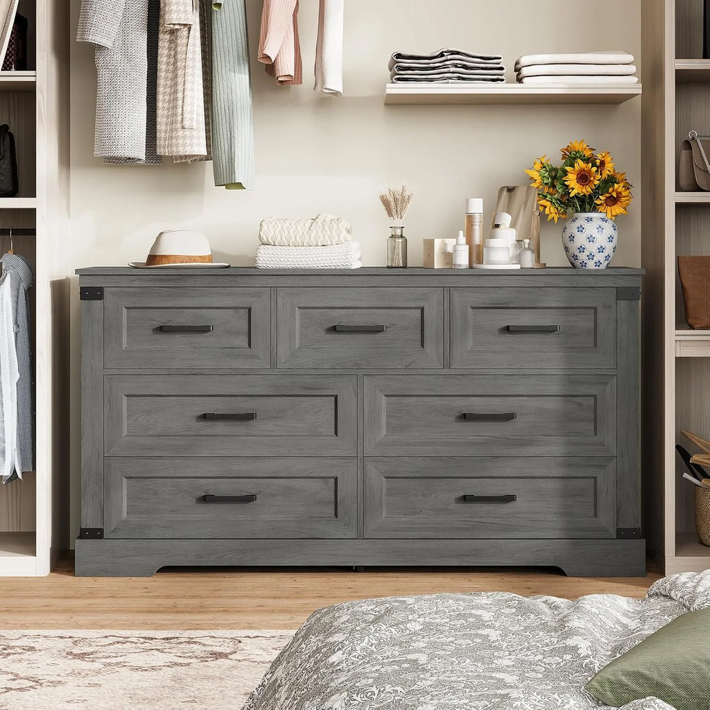 Aunfebrco Black Dresser for Bedroom Farmhouse 7 Drawers Dresser & Chest of Drawers with Thick Styling, Large Clothing Storage Organizer for Living Room
