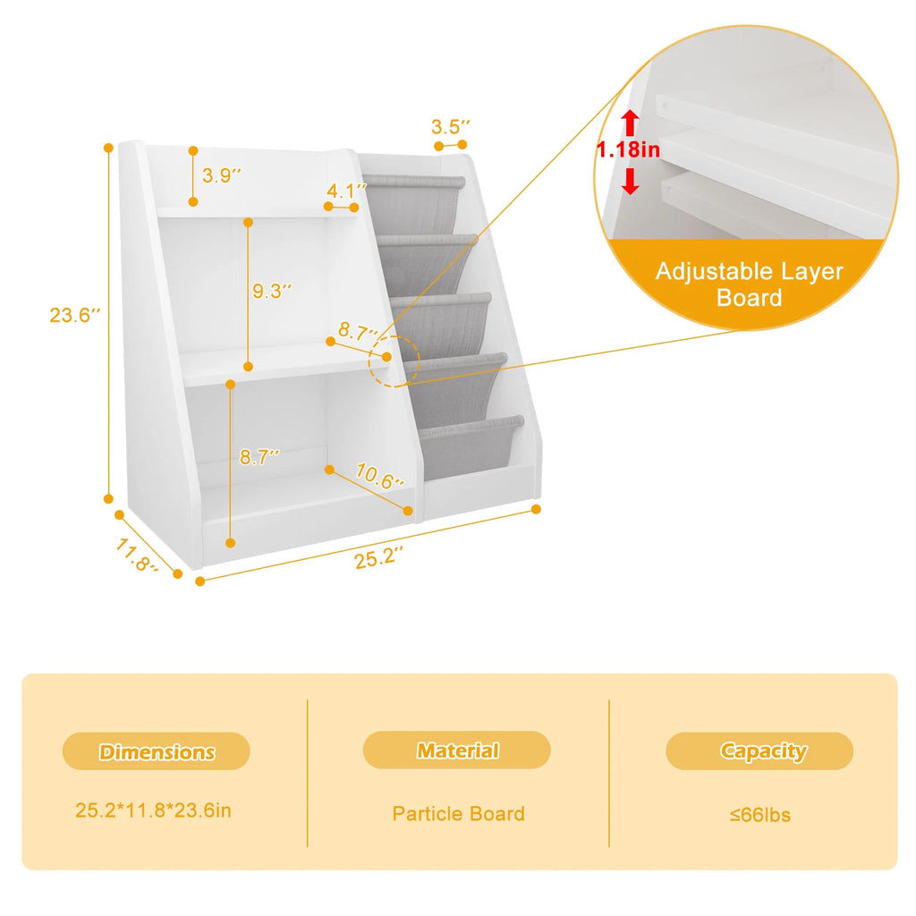Hironpal Small 3 Tier Kids Bookshelf with 4 Layer Sling Adjustable Book Display Shelf for Nursery Playroom Kids Baby Bedroom