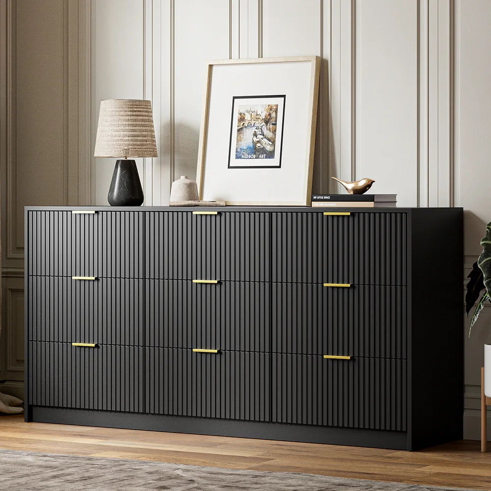 Furniway Fluted Large 9-Drawer Black Dresser