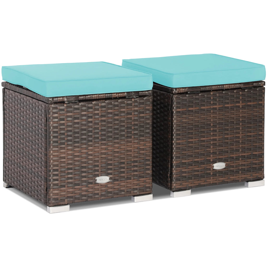 Costway 2PC Patio Rattan Ottoman Seat Side Table Storage Box Footrest Off White