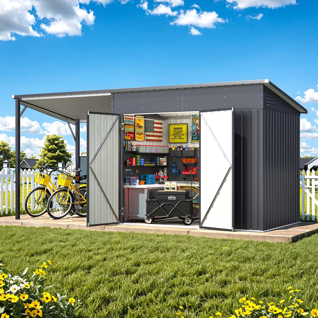 YODOLLA Outdoor Open-Sided Storage Shed, 3x5 Sheds & Outdoor Storage with 15 Sq. Ft Covered, 5x3 Small 2-in-1 Tool Shed with Attached Hardtop Metal Pergola Gazebo