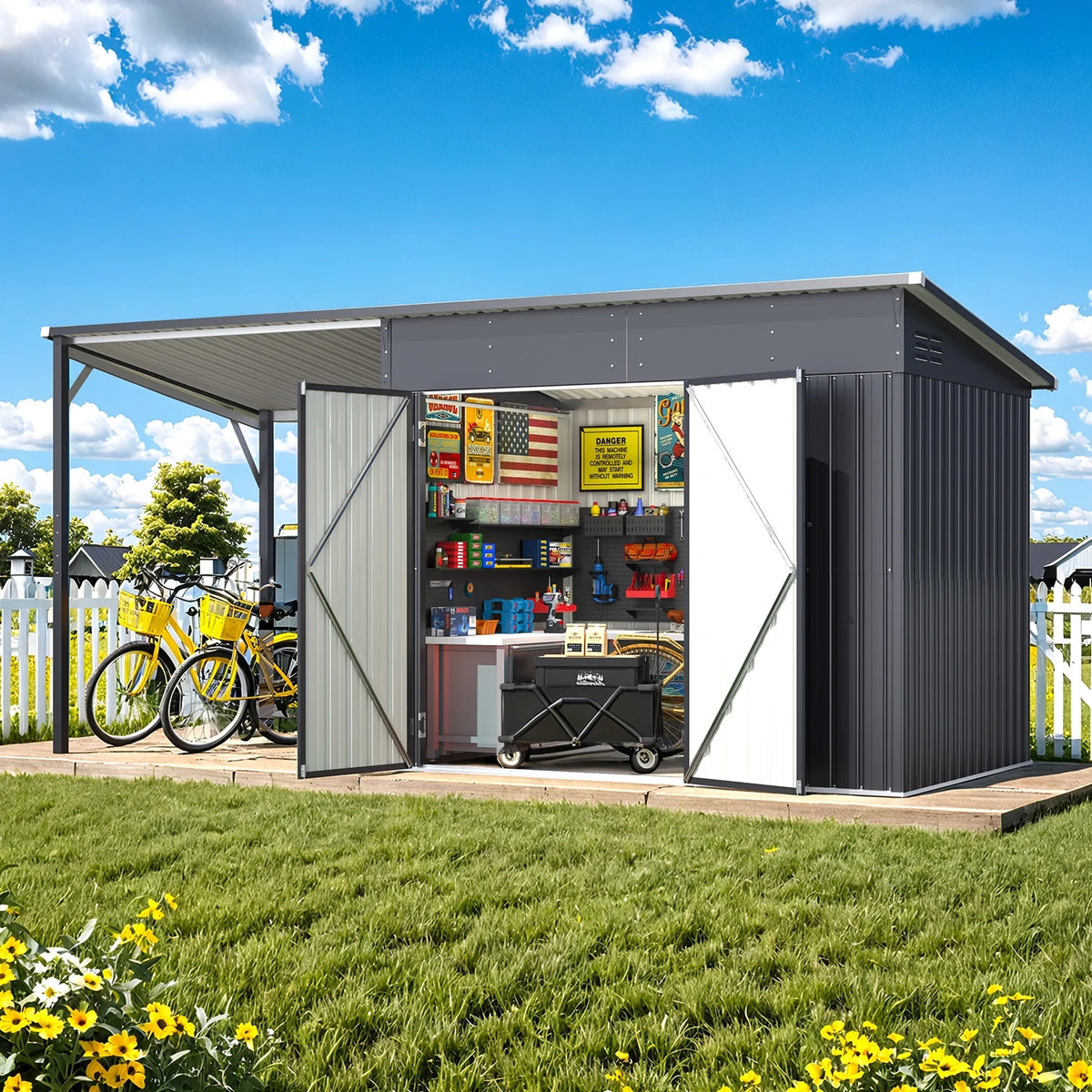 YODOLLA Outdoor Open-Sided Storage Shed, 3x5 Sheds & Outdoor Storage with 15 Sq. Ft Covered, 5x3 Small 2-in-1 Tool Shed with Attached Hardtop Metal Pergola Gazebo