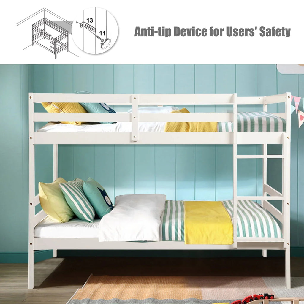 Costway Twin Over Twin Wood Bunk Beds Ladder Safety Rail White