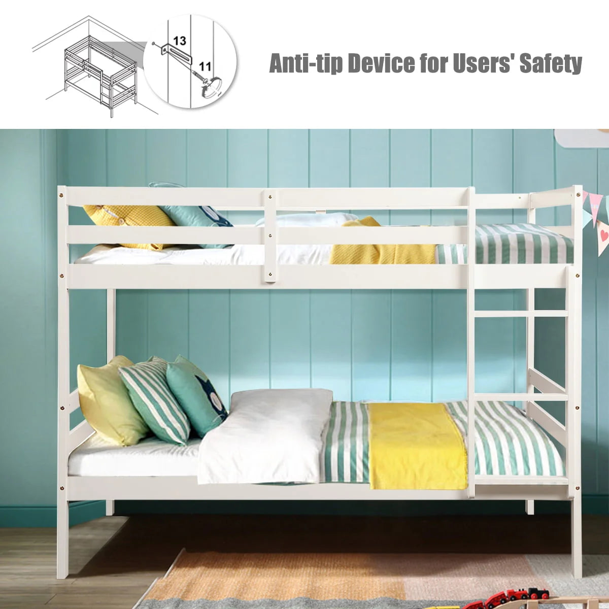 Costway Twin Over Twin Wood Bunk Beds Ladder Safety Rail White