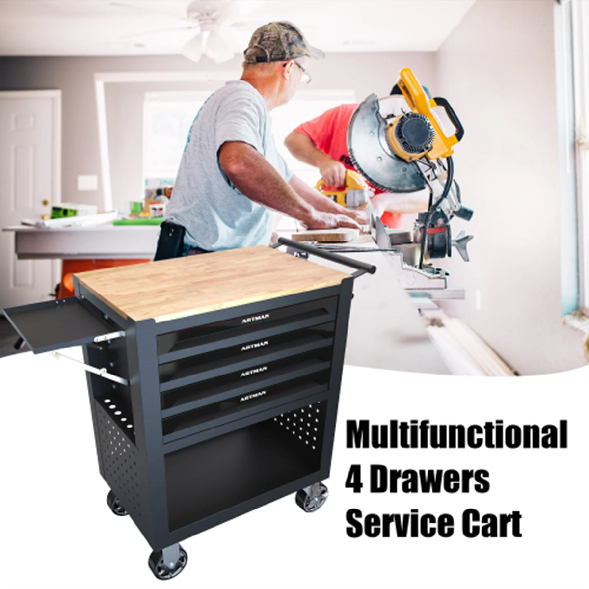 ARTMAN 4-Drawer Tool Cart with Wheels and Drawers ,Wood Top Tool Box Cart for Workshop Warehouse Garage