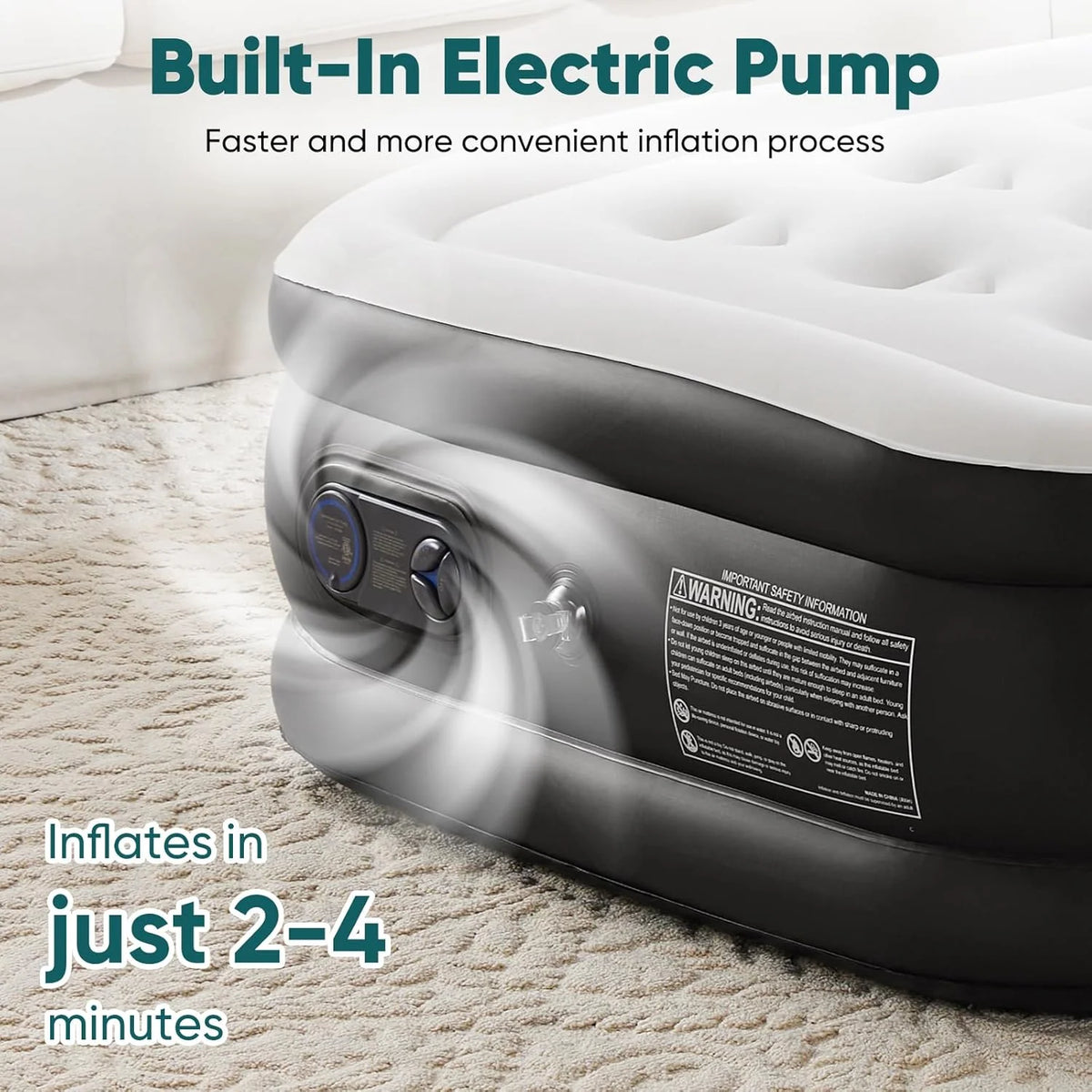 Blow Up Airbed with Built-in High Capacity Pump, Double Height, Non-Slip Bottom Design, Weight Capacity 660 lbs Air Bed for Home or Camping