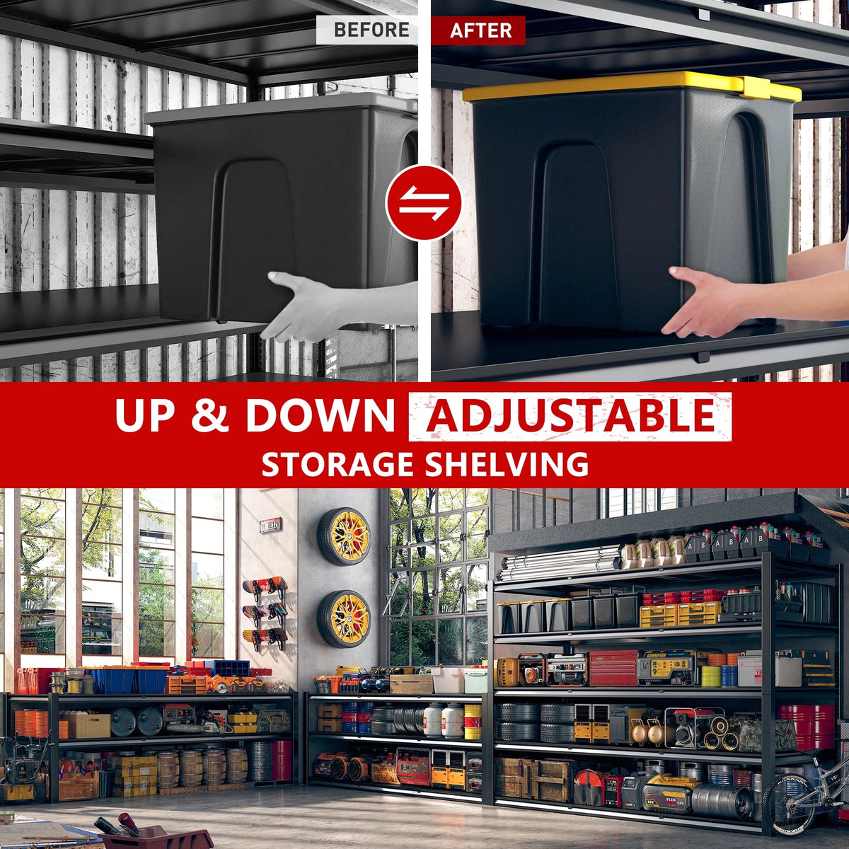 REIBII 60" W Garage Shelving 3000LBS Heavy Duty Storage Shelves Adjustable 5 Tier Metal Storage Rack,60" W x 24" D x 72" H