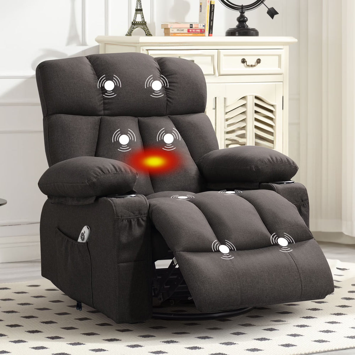 JONPONY Manual Recliner Chair with Heat Therapy and Massage Function, Heavy Duty Reclining Mechanism Massage Chair, Elderly Single Rocker Sofa with Cup Holders for Bedroom Home Theater,Grey