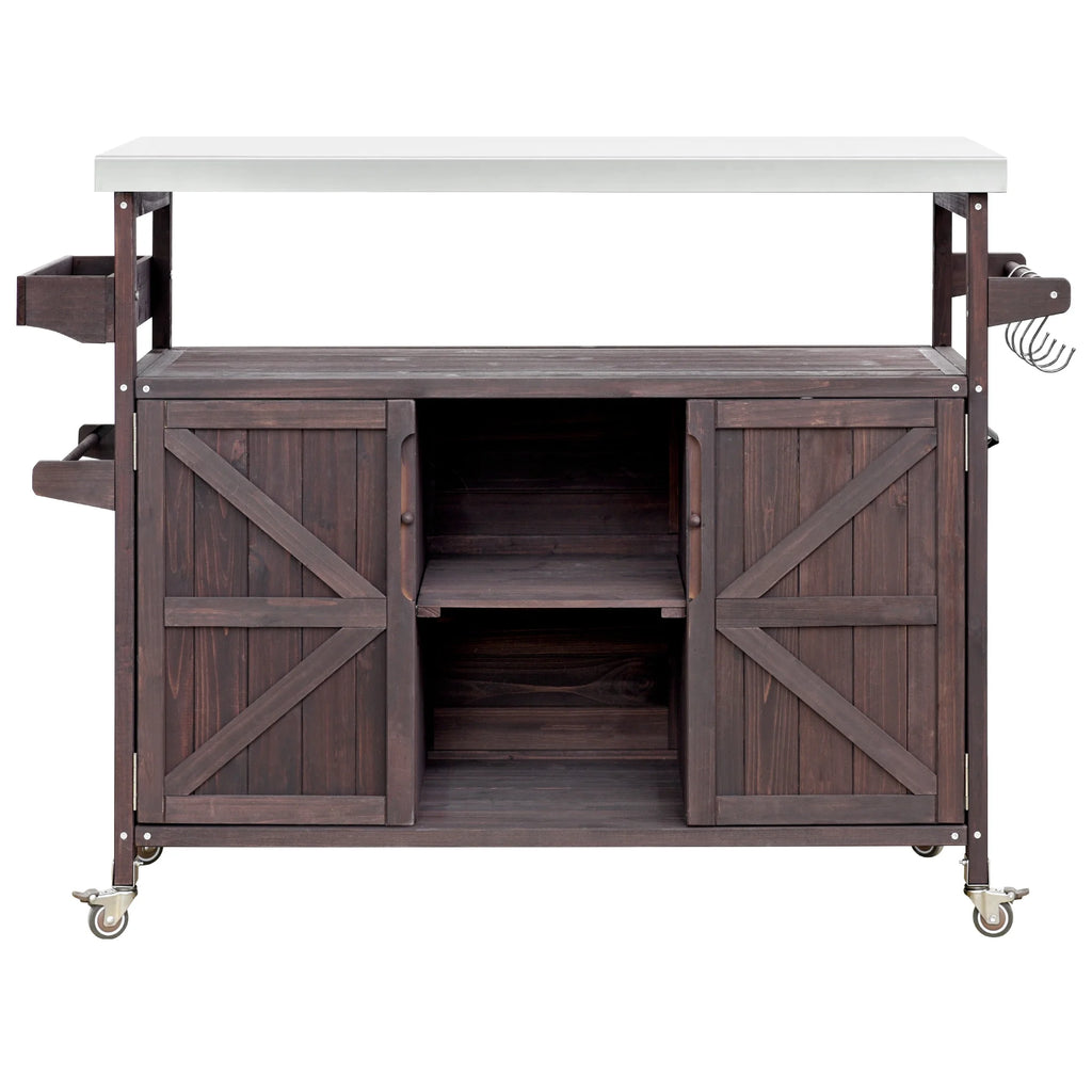 Outdoor Kitchen Island, Rolling Bar Cart & Storage Cabinet, Farmhouse Solid Wood Outdoor Grill Table with Stainless Steel Top, Spice Rack , Towel Rack for Kitchen & BBQ , Natural