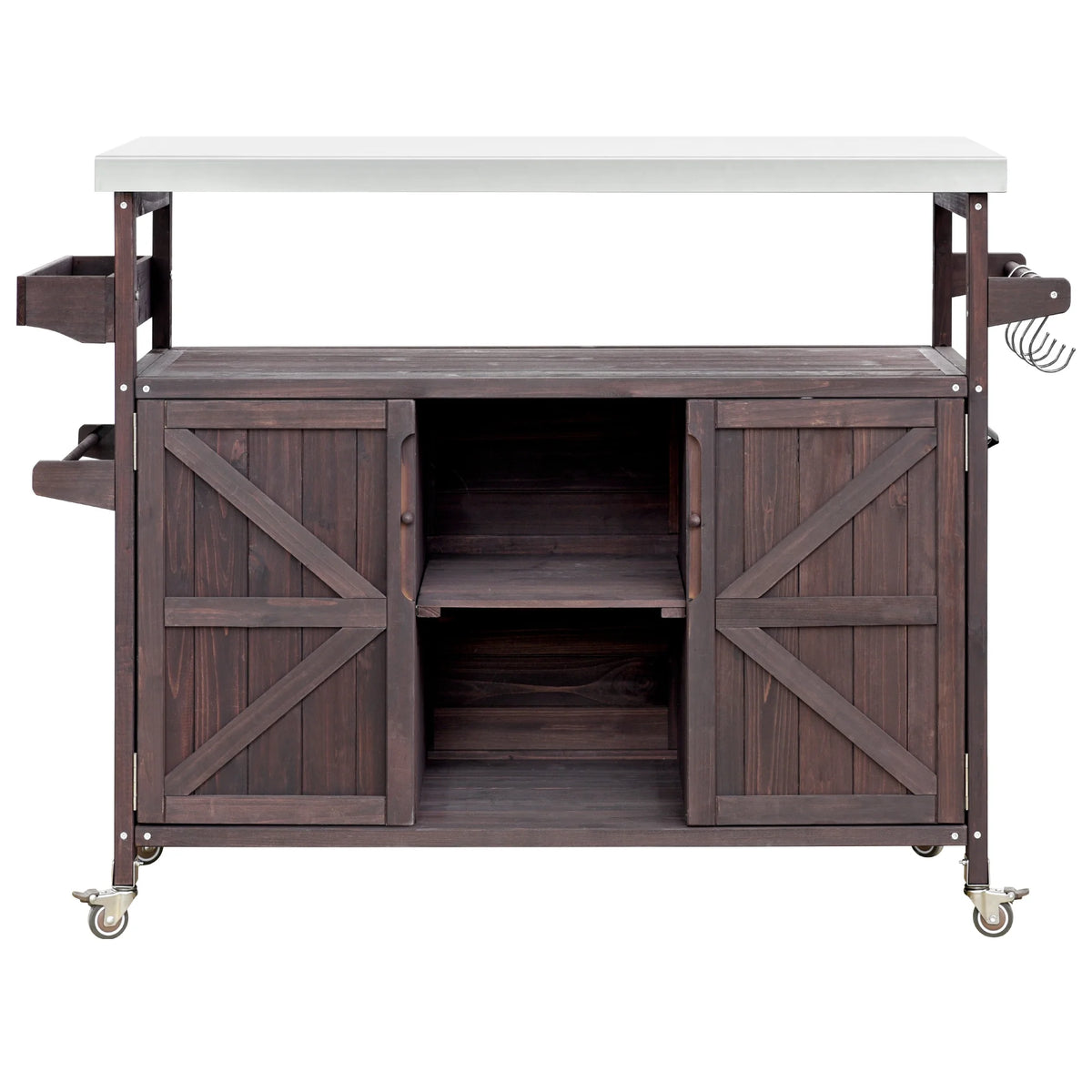 Outdoor Kitchen Island, Rolling Bar Cart & Storage Cabinet, Farmhouse Solid Wood Outdoor Grill Table with Stainless Steel Top, Spice Rack , Towel Rack for Kitchen & BBQ , Natural