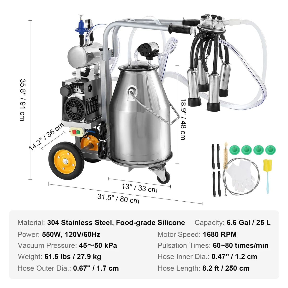 BENTISM Electric Cow Milking Machine Milking Equipment 25L 304 Stainless Steel
