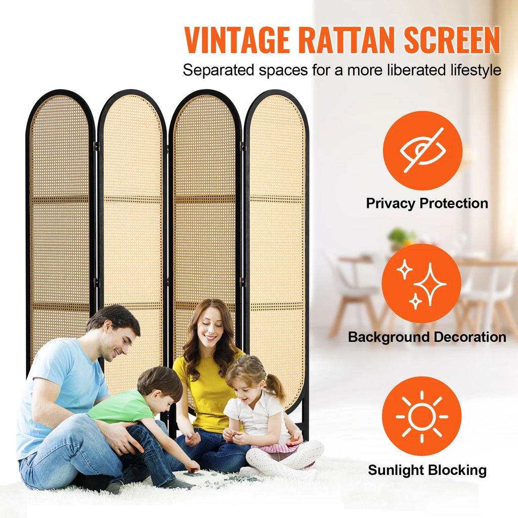 KFFKFF Quadruple Panel Space Separator, Artisan-Crafted Rattan Foldable Privacy Barriers with Connectors, Movable Space Partitions, Timber Independent Room Splitter for Sleeping Quarters, Cocoa