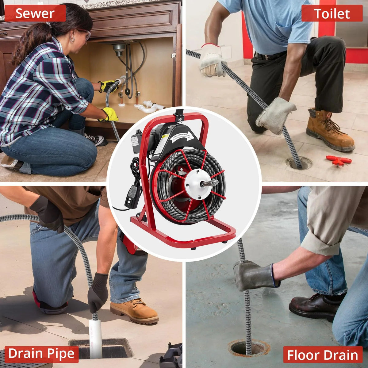 Electric Drain Cleaning Machine , Powerful Electric Auger, Sewer Snake with 4 Cutters, Air-Activated Foot Switch, and Wheels