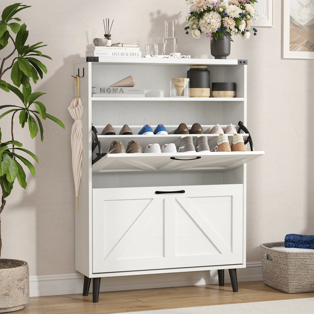 Veanerwood Shoe Cabinet with 2 Flip Drawers Farmhouse Shoe Storage Cabinet Organizer for Entryway, Gray