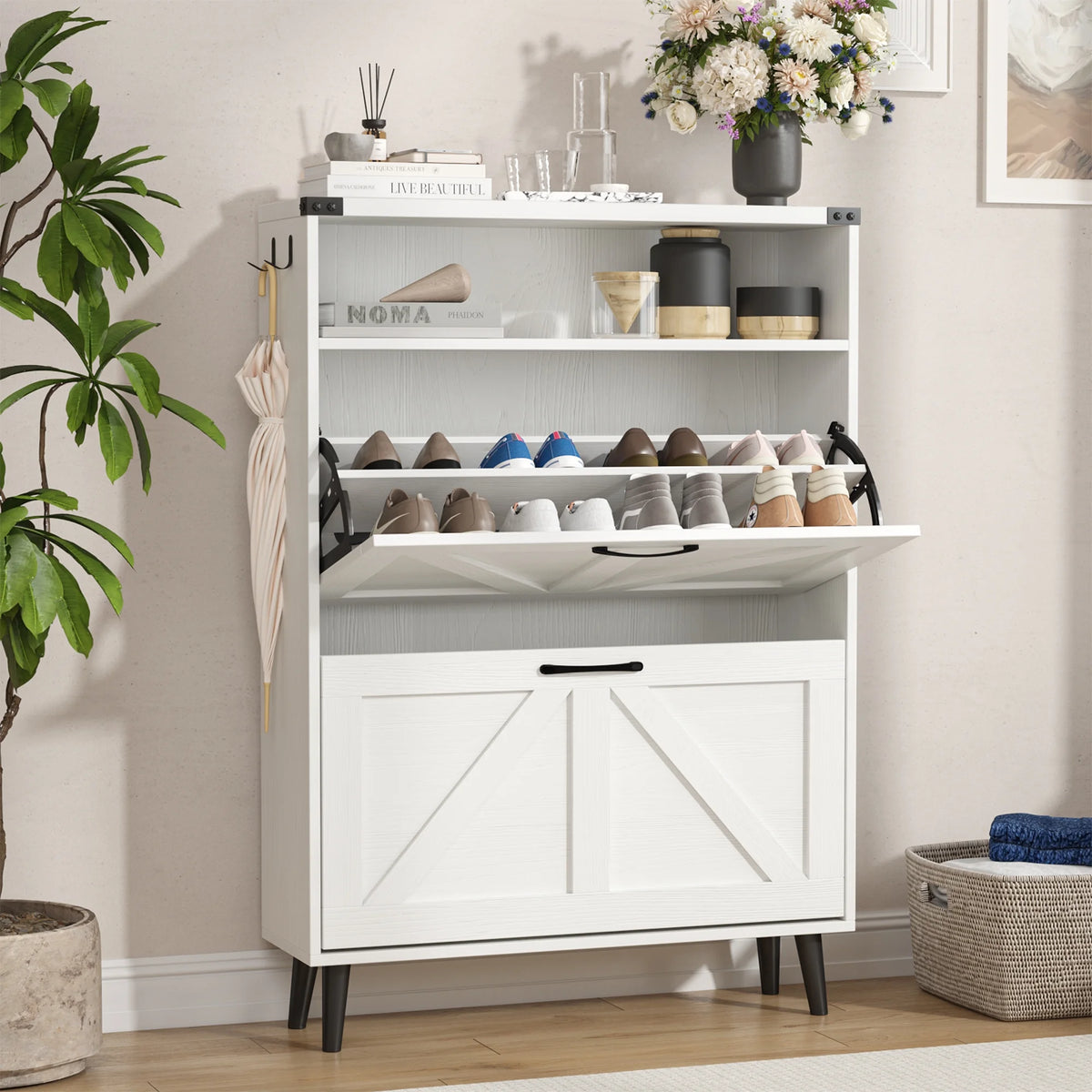 Veanerwood Shoe Cabinet with 2 Flip Drawers Farmhouse Shoe Storage Cabinet Organizer for Entryway, Gray
