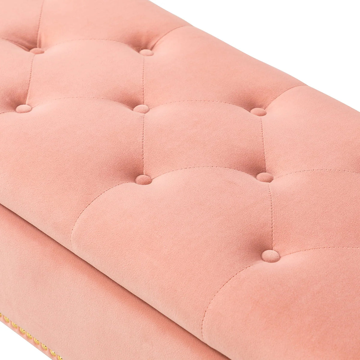 14 Karat Home Velvet Storage Ottoman Bench Gold Leg Upholstered Nailhead Trim Button Tufted Footstool Entryway Bedroom Living Room Pink